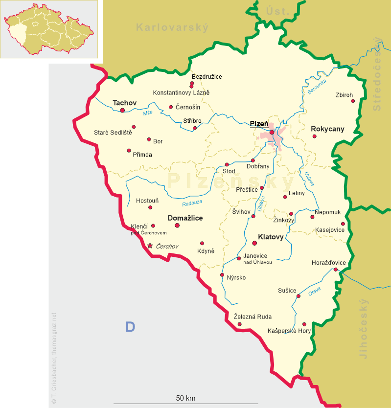 Map of Karlovy Vary and Plzeň regions