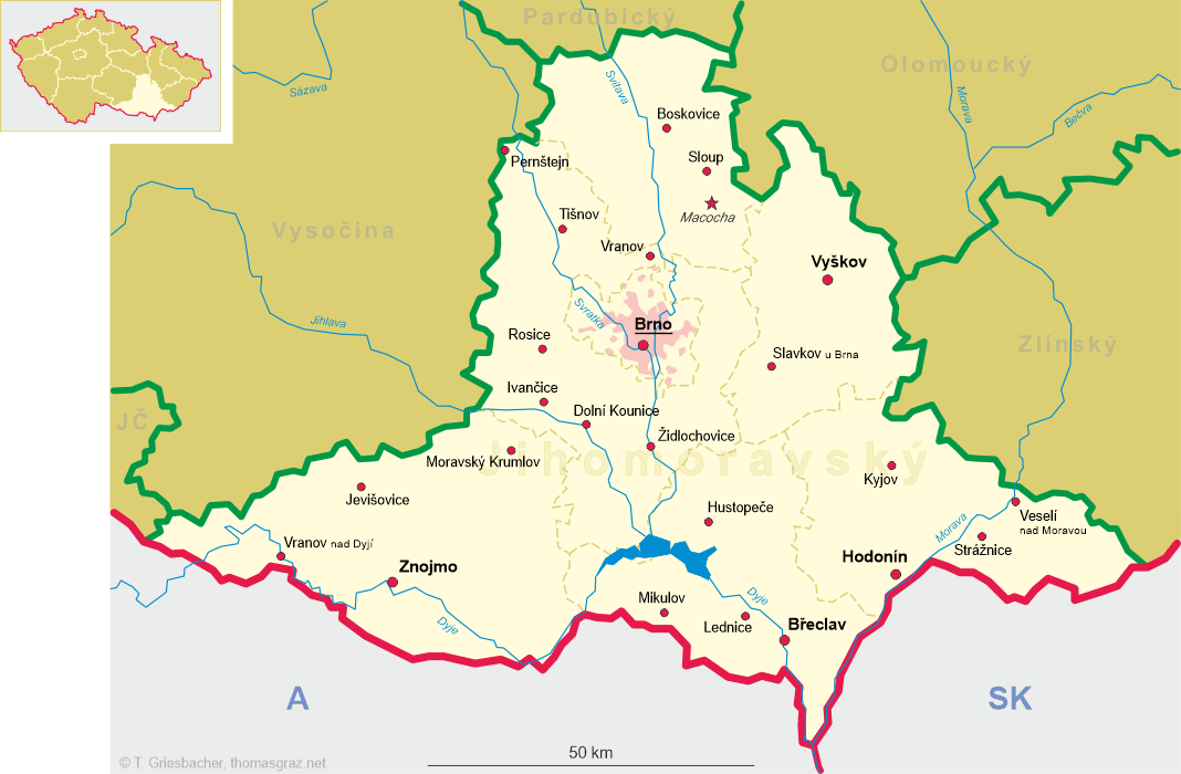 Map of South Moravia and Zlín regions