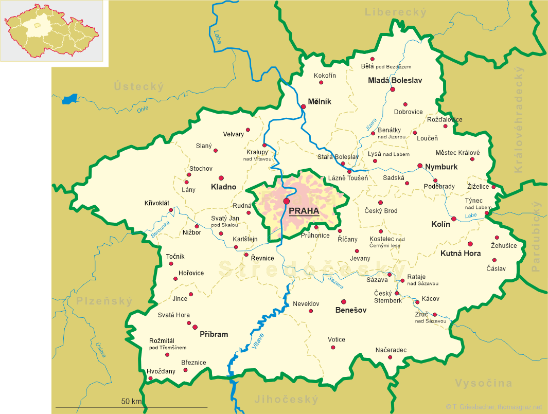 Map of Central Bohemia and Prague regions