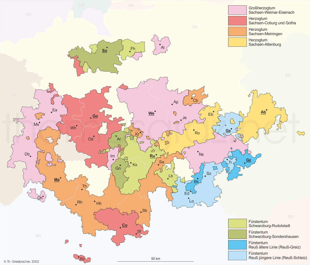 map of the Thuringian States in 1848